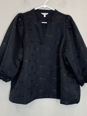 Crown & Ivy Blouse Women's XXL Black 3/4 Puff Sleeves Pullover Bow Pattern